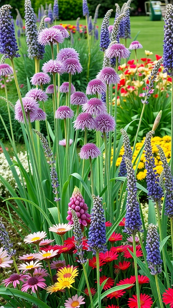 A vibrant garden featuring purple alliums mixed with colorful perennials like daisies and red flowers.