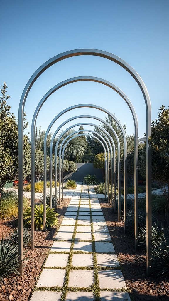 A pathway lined with modern metal arches in a garden, surrounded by greenery.