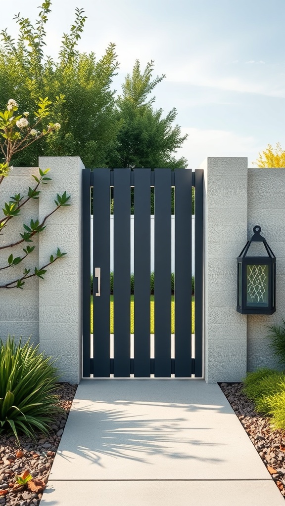 A modern minimalist garden gate with vertical slats, surrounded by greenery and a smooth pathway.