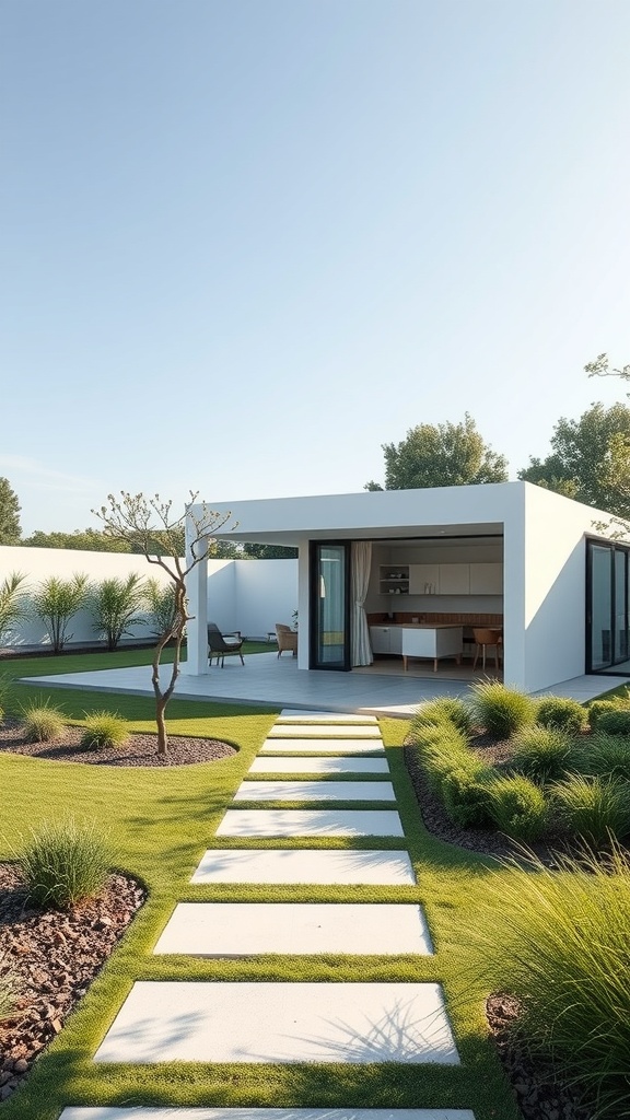 A modern minimalist garden with a summer house, featuring a stone path and low-maintenance plants.