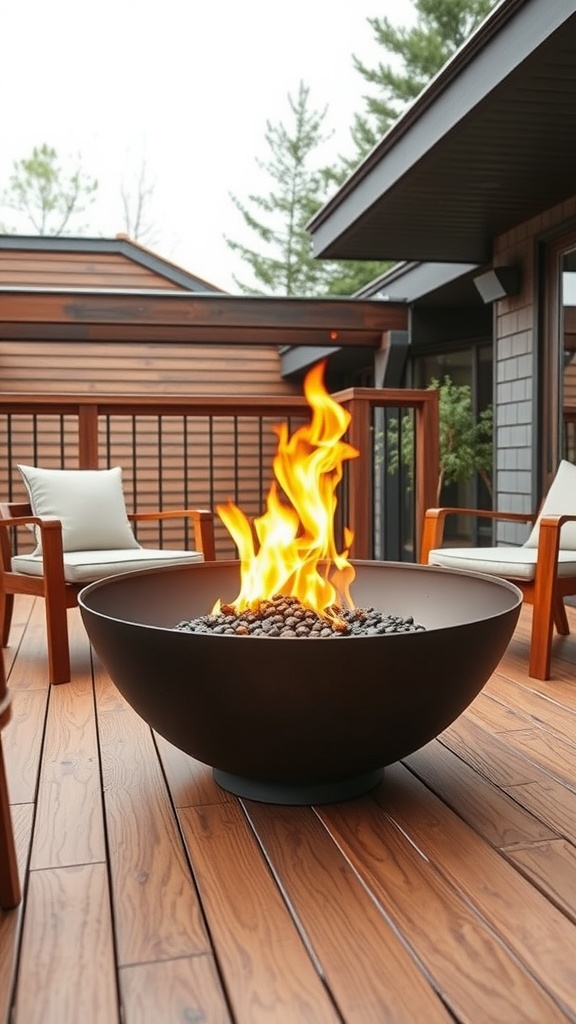 A modern steel fire bowl with flames on a wooden deck, surrounded by chairs.