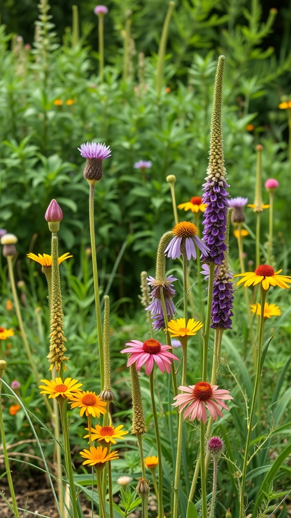 A colorful display of native wildflowers in a garden, featuring tall purple spikes and cheerful yellow blooms.