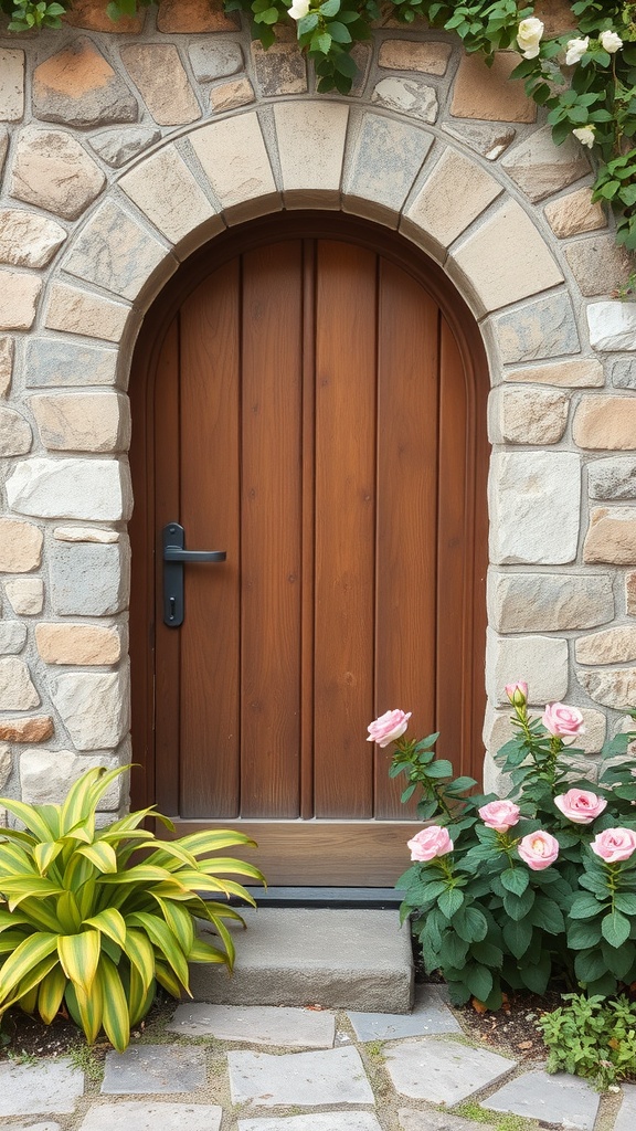 A wooden door set in a natural stone wall, surrounded by flowers and greenery.