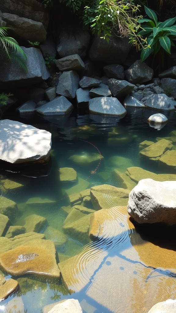 A natural swimming pond surrounded by large rocks and greenery.