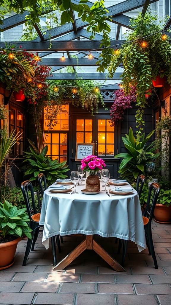 Cozy outdoor dining area with fairy lights and lush greenery.