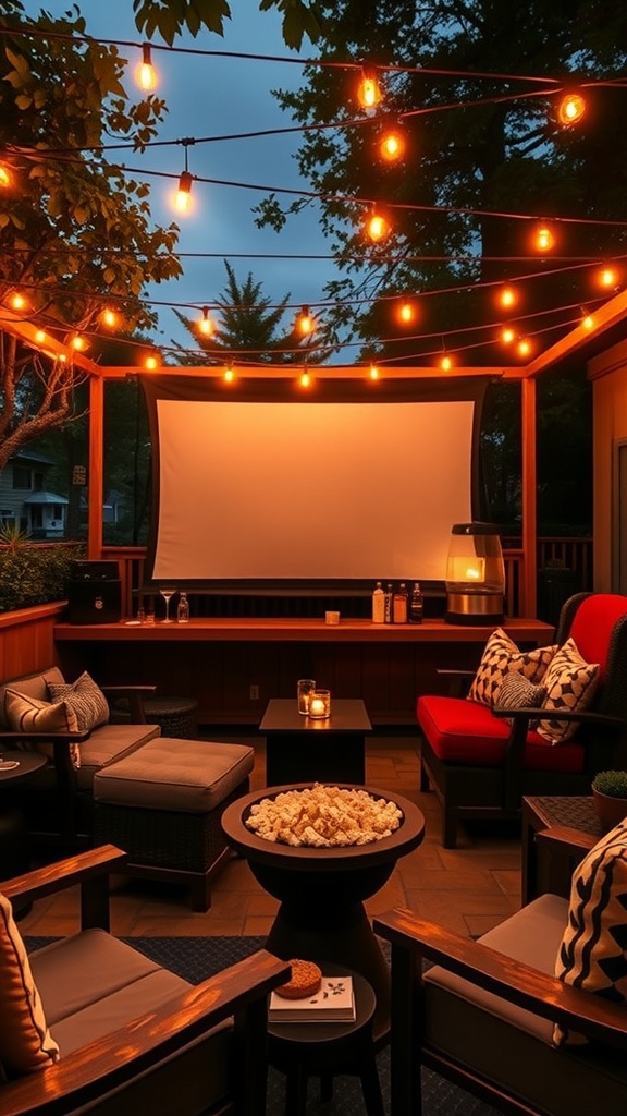 Cozy outdoor movie night setup with string lights, a screen, and comfortable seating.