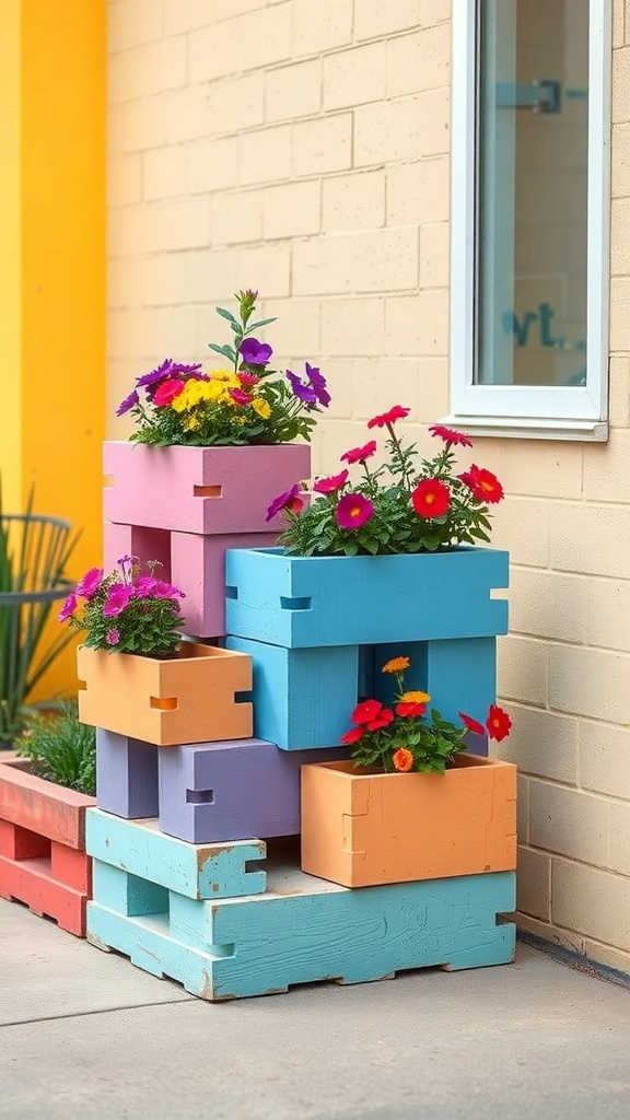 Colorful painted cinder blocks stacked as garden planters with flowers