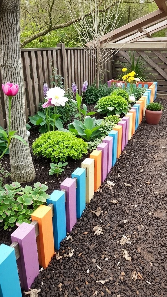 Colorful painted sleepers forming a garden border with various flowers and plants.