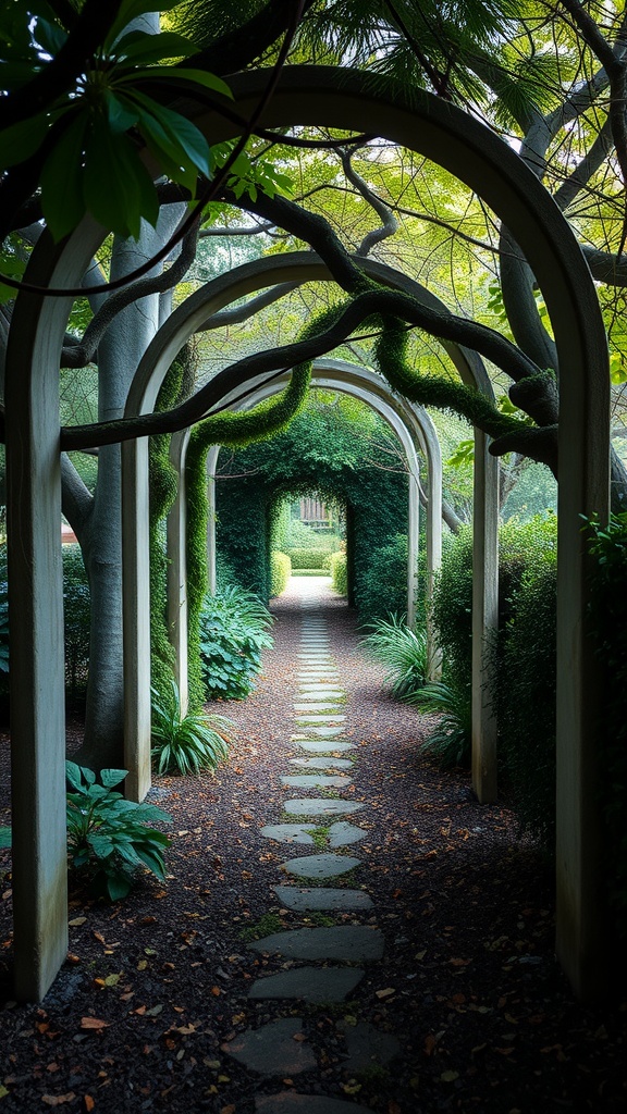 A serene pathway with arches leading to a lush garden, surrounded by greenery.