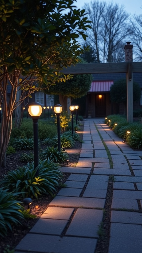 A garden pathway illuminated by solar lights, leading to a welcoming entrance.