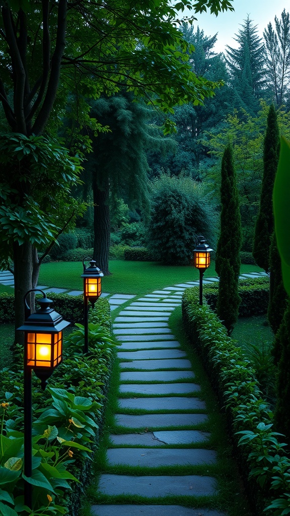 A garden pathway illuminated by solar lanterns, surrounded by lush greenery.