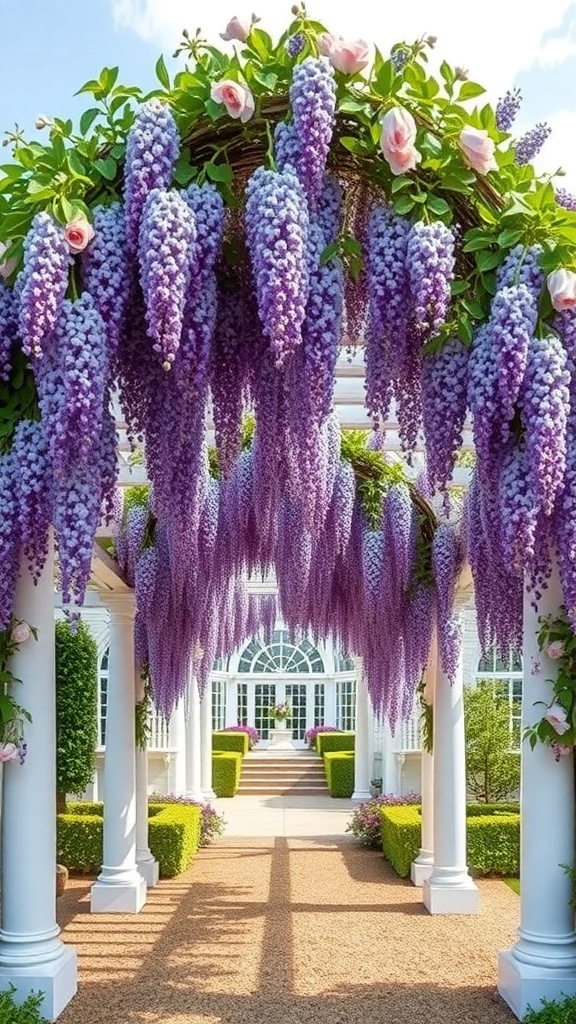 A pergola covered in cascading purple wisteria flowers, leading into a beautifully landscaped garden.