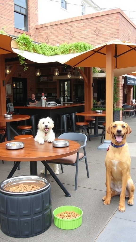A pet-friendly patio bar with a dog and a bowl of treats