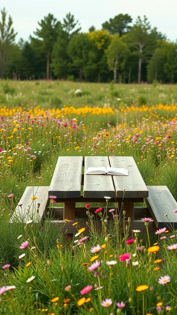 A picnic table surrounded by colorful wildflowers and an open book on the table.