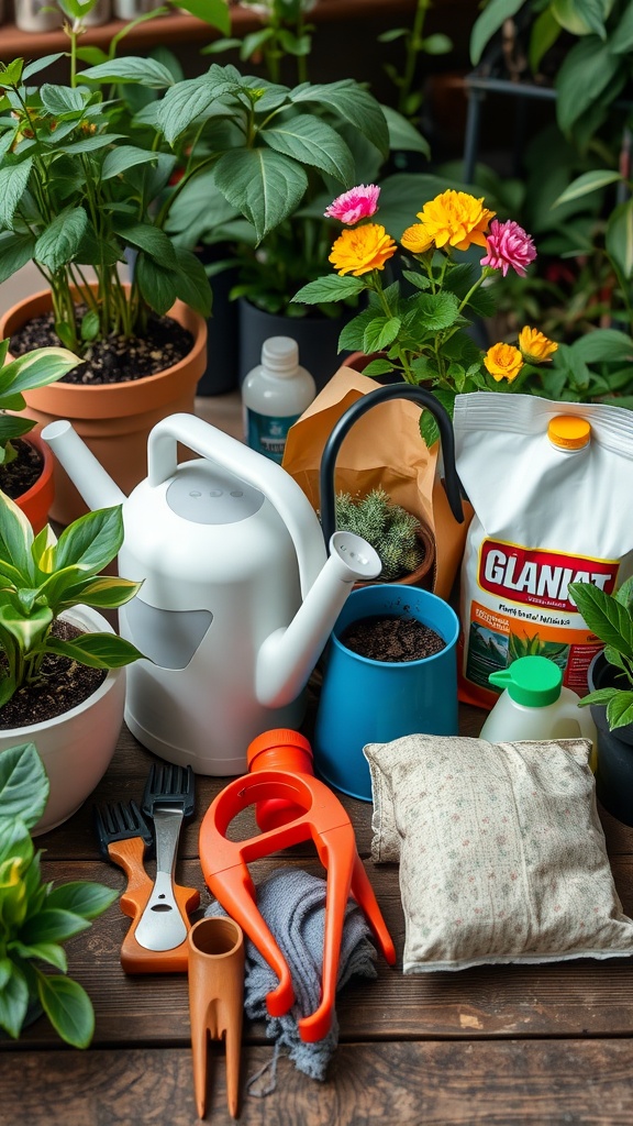 A collection of plant care tools including a watering can, pots, and gardening supplies on a wooden surface.