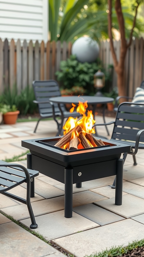 A modern portable fire pit surrounded by chairs in a small backyard setting.