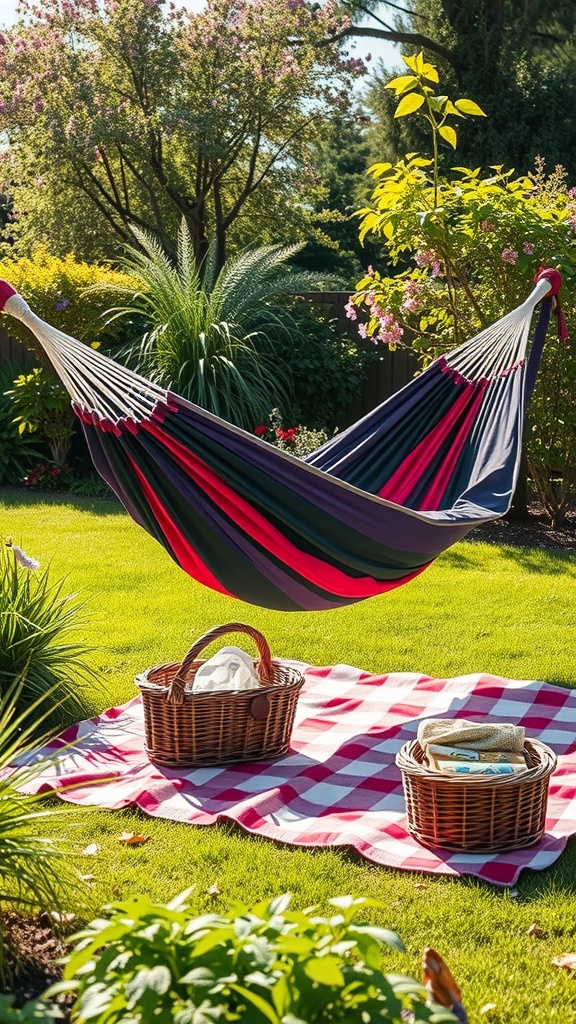 A colorful portable hammock set up in a garden with a picnic blanket and baskets.