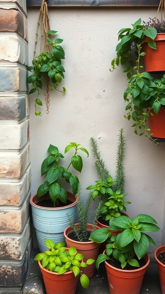 A collection of potted herbs including basil and rosemary against a wall.