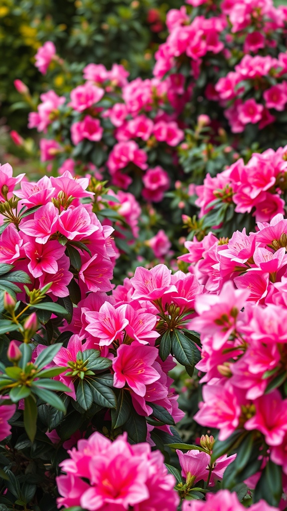 Vibrant pink azaleas in full bloom, showcasing lush petals and green leaves.