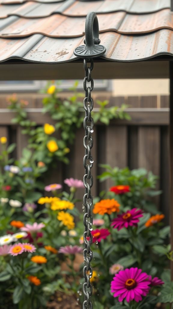 A rain chain hanging from a roof with colorful flowers in the background