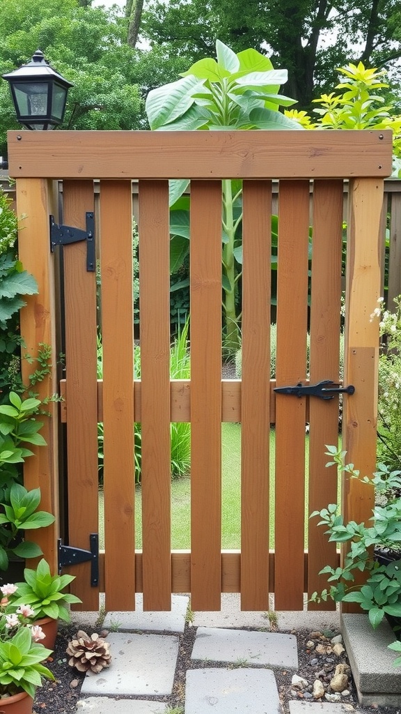A reclaimed pallet garden gate with vertical slats and black hardware, surrounded by lush greenery and plants.