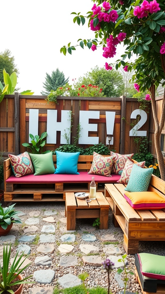 A cozy garden seating area made from recycled pallets with colorful cushions and surrounding plants.