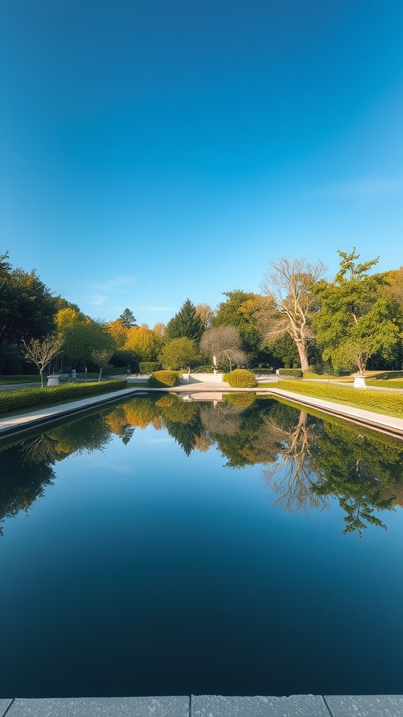 A tranquil reflecting pool surrounded by greenery and a clear blue sky.