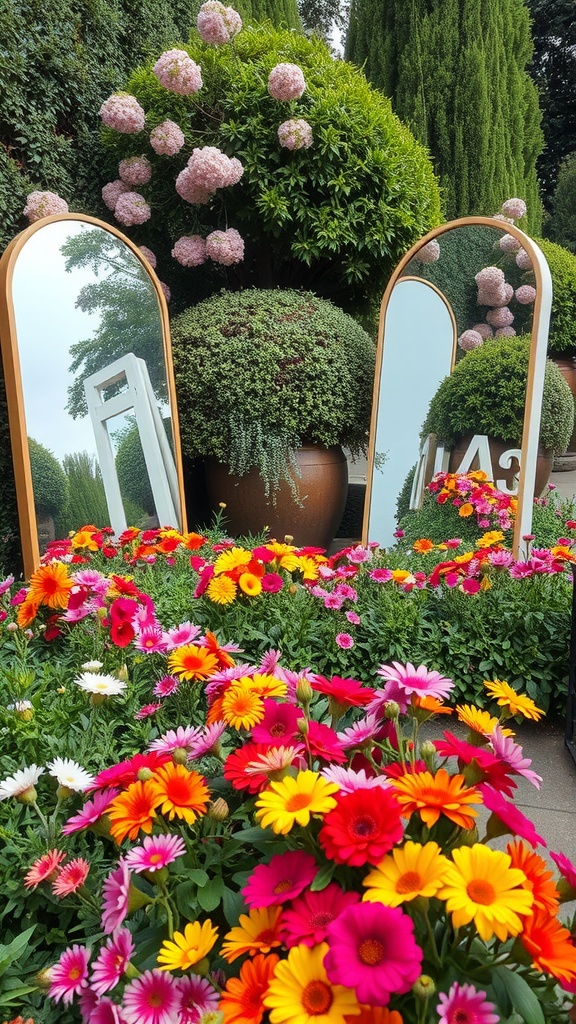 Colorful flowers surround mirrors in a garden setting.