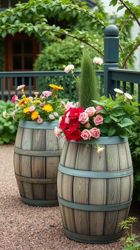 Two repurposed wine barrels filled with colorful flowers in a garden setting.
