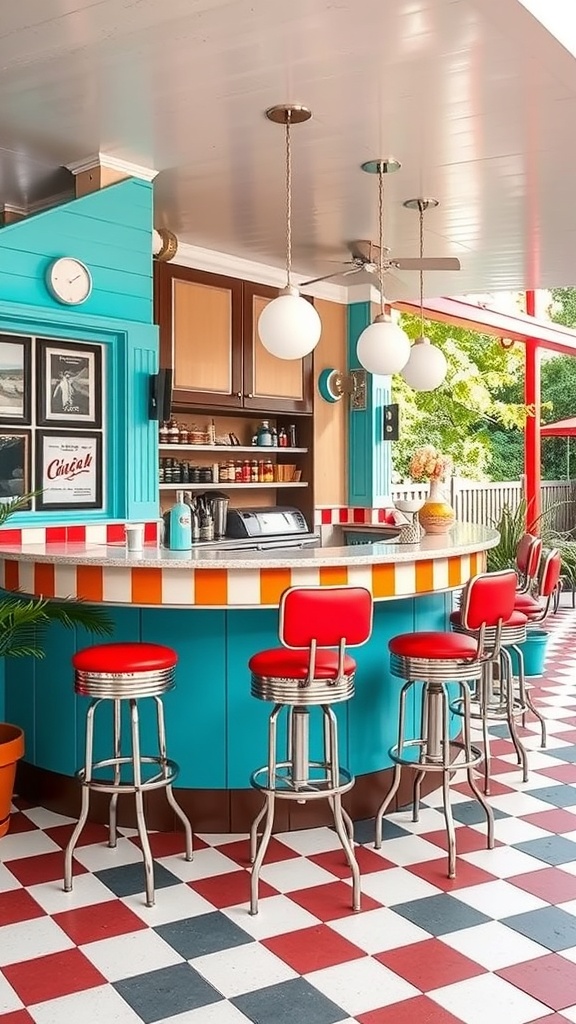 A retro diner inspired outdoor bar with turquoise walls, red stools, and a colorful tiled bar top.