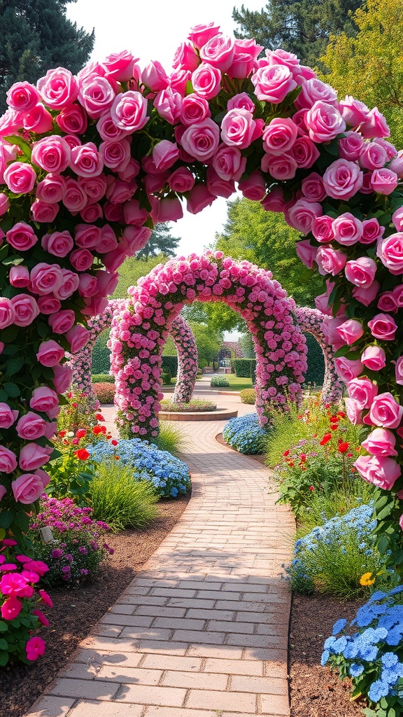 A garden with arches covered in pink roses, leading along a path with colorful flowers.