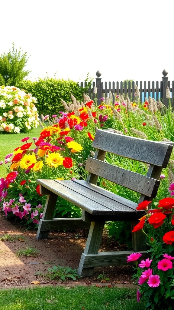 A rustic wooden bench surrounded by colorful flowers in a garden