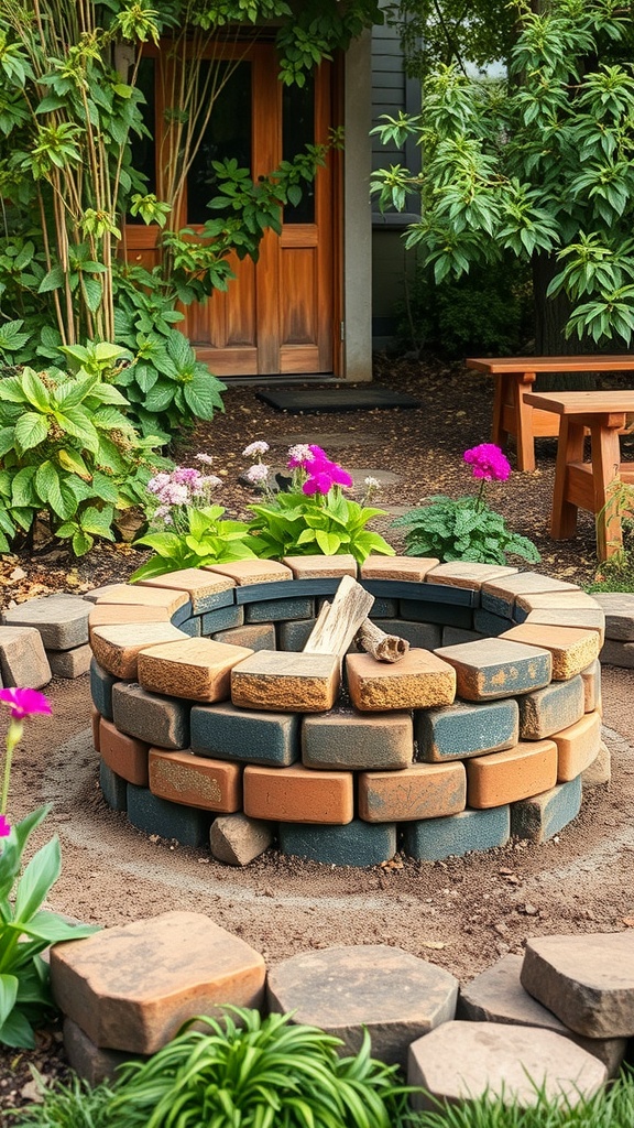 A rustic brick fire pit surrounded by a garden with colorful flowers and a wooden bench.