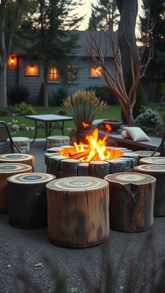 Rustic log stools arranged around a fire pit in a garden setting.