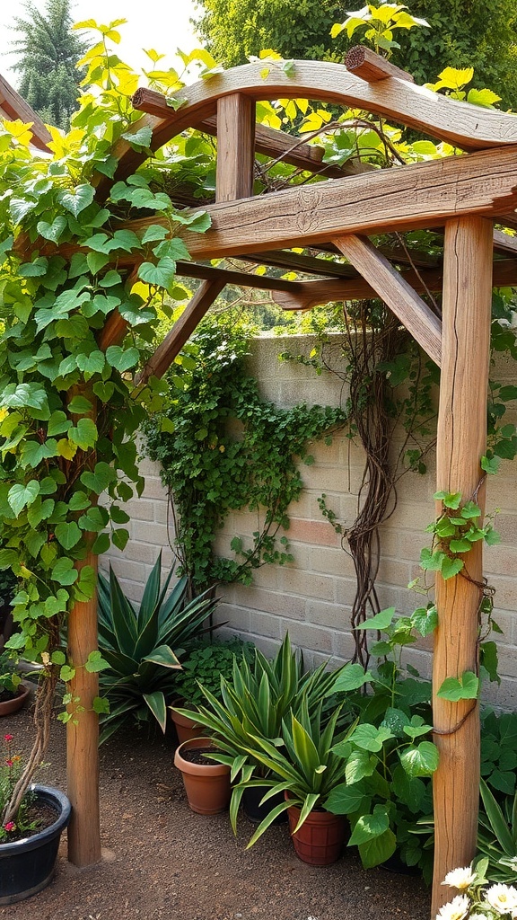 A rustic wooden trellis covered with climbing vines, surrounded by potted plants in a garden nook.