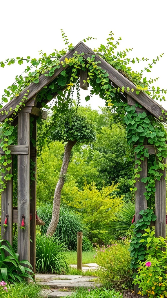 A rustic wooden arch covered with green vines in a garden