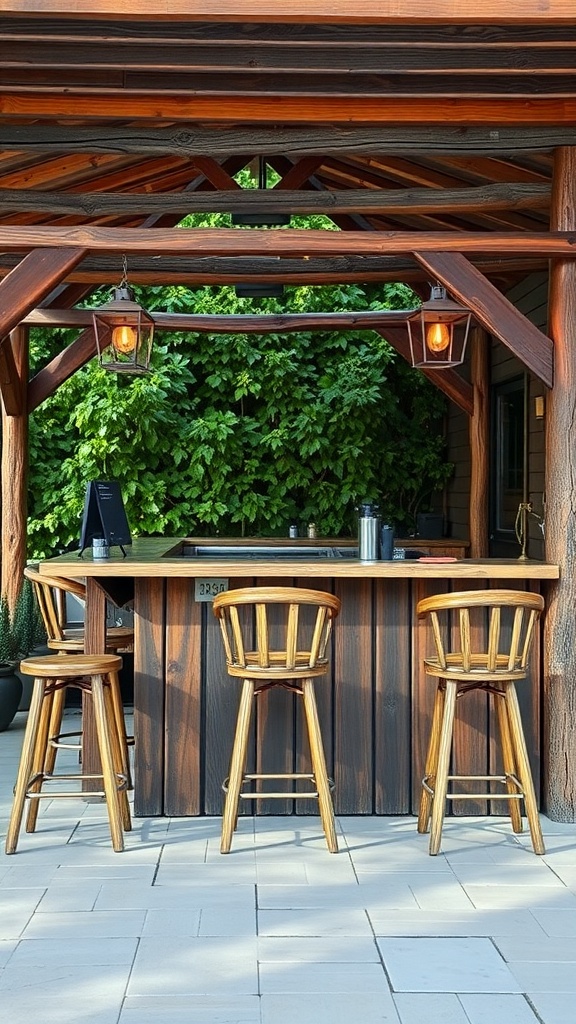A rustic wooden bar setup with stools and lanterns, surrounded by greenery.