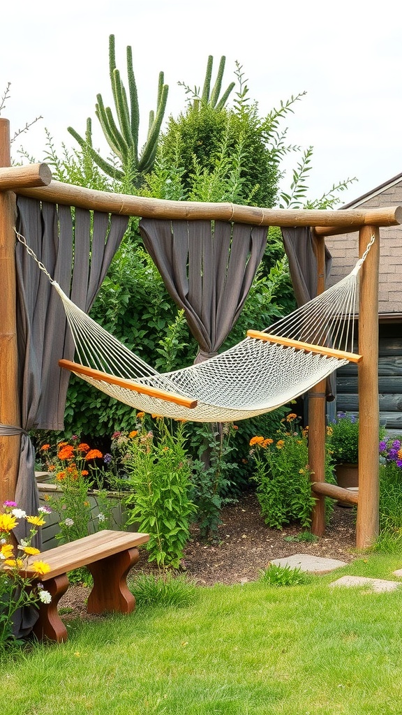 A rustic wooden frame hammock in a garden surrounded by flowers and greenery.