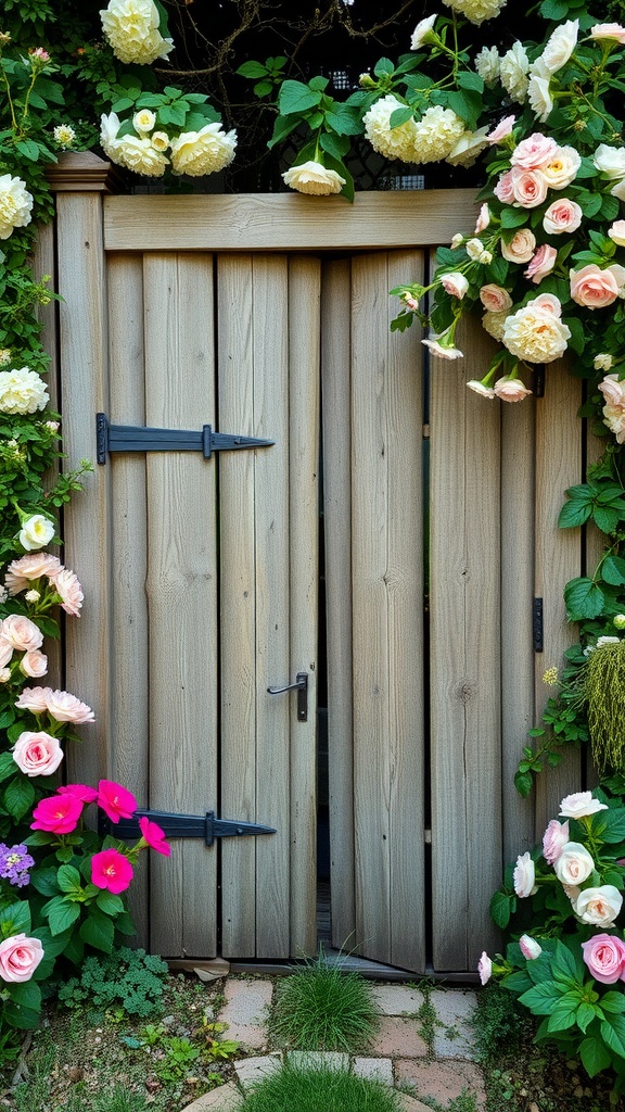 A rustic wooden garden gate surrounded by colorful flowers and greenery.