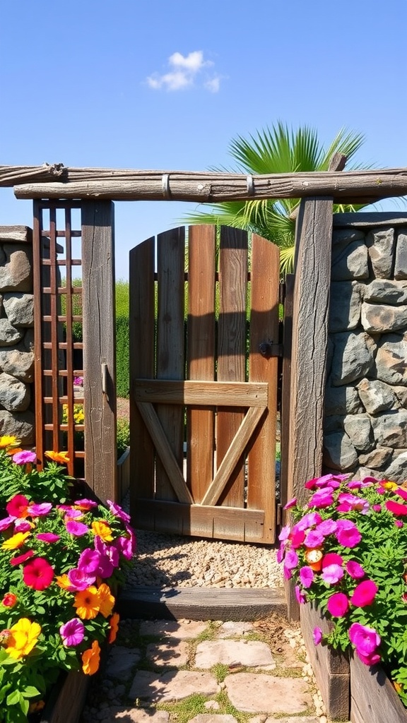 A rustic wooden gate framed by colorful flowers and a stone wall.