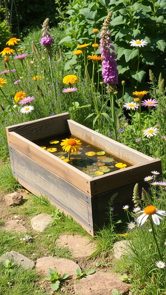 A rustic wooden water trough filled with water and floating flowers, surrounded by colorful garden flowers.