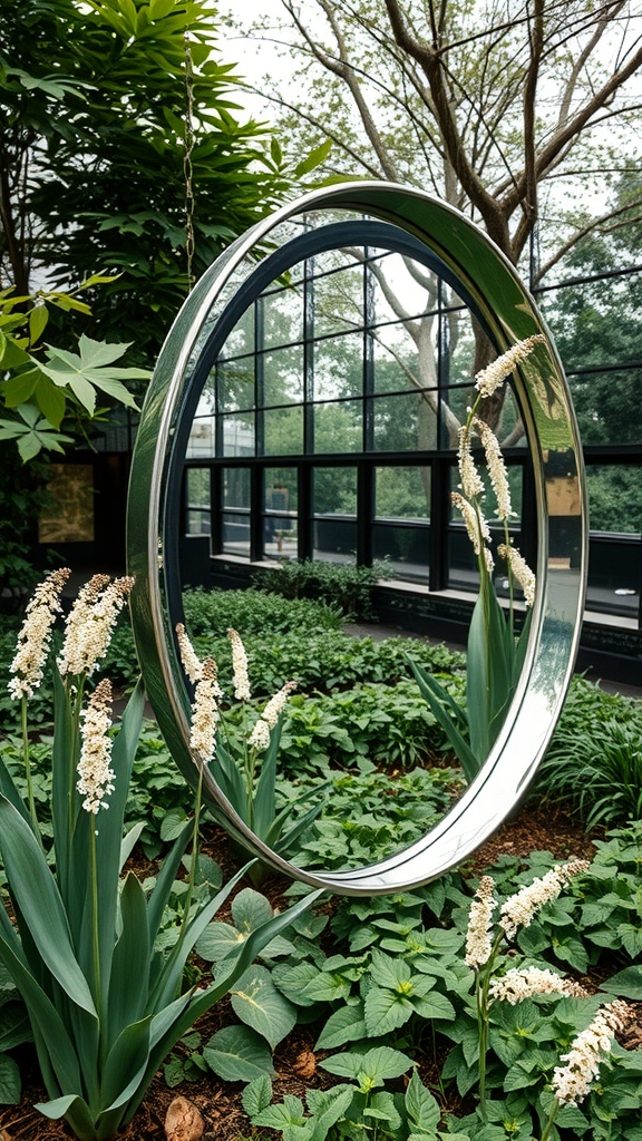 A circular sculptural mirror surrounded by green plants and white flowers in a garden setting.