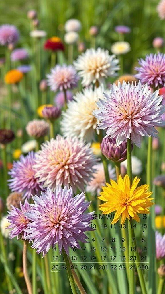 Colorful allium flowers in a garden, showcasing purple, white, and yellow blooms.
