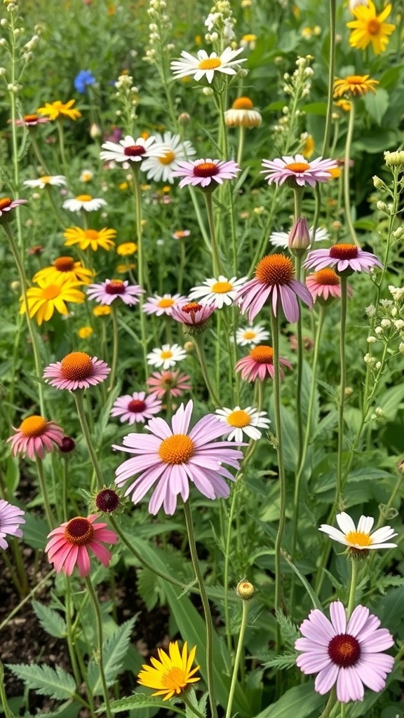 A vibrant garden filled with various wildflowers including daisies and coneflowers.