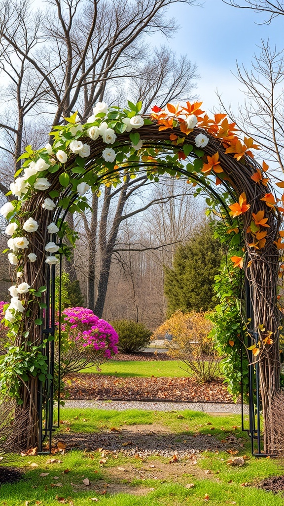 A garden arch adorned with flowers and leaves, showcasing seasonal changes.