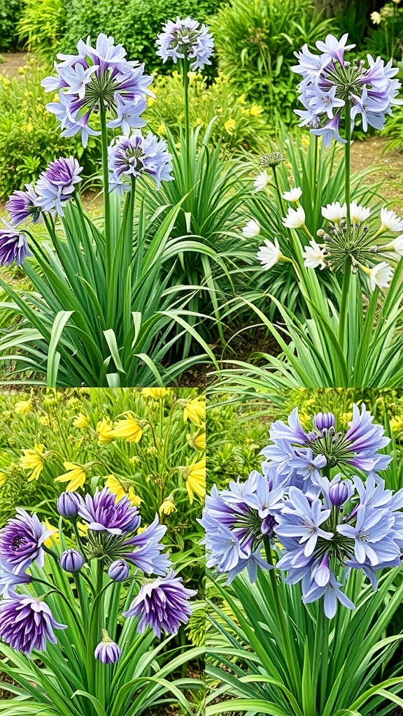 A collage of agapanthus flowers in various stages of bloom, showcasing their vibrant blue and purple colors against lush green foliage.