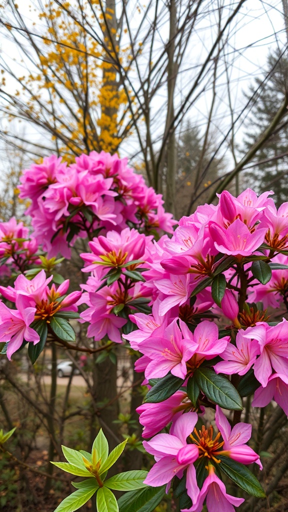 Pink azaleas in bloom with yellow leaves in the background