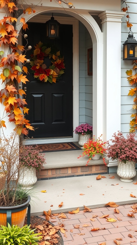 A cozy garden entrance decorated for fall with colorful leaves, a wreath, and potted flowers.
