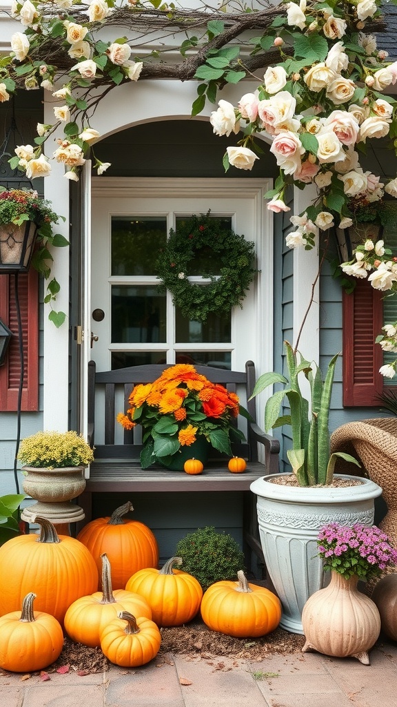 A cozy garden nook with pumpkins, flowers, and a welcoming bench.