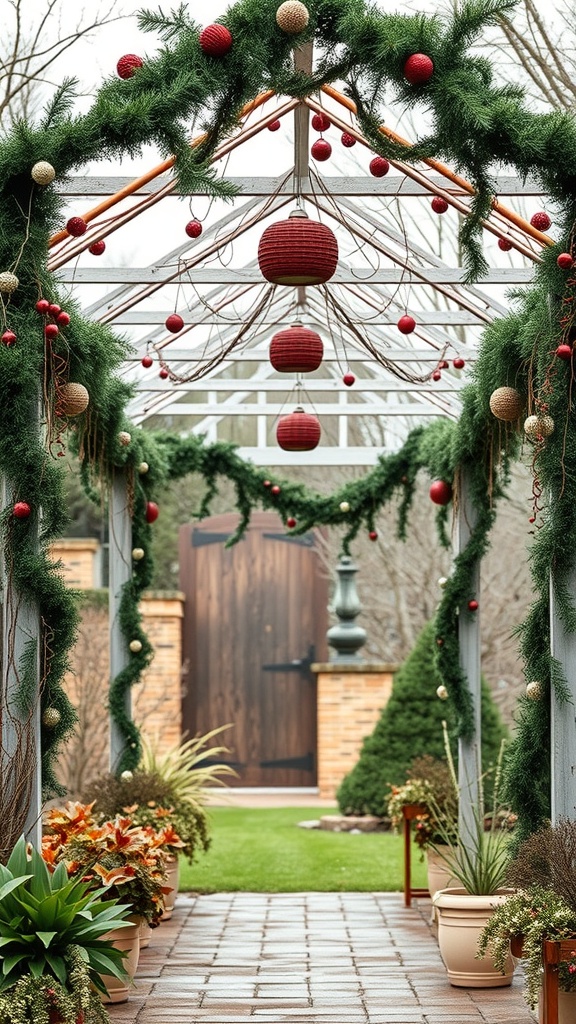 A winter-themed arbor decorated with evergreen garlands and red ornaments, leading to a wooden door.
